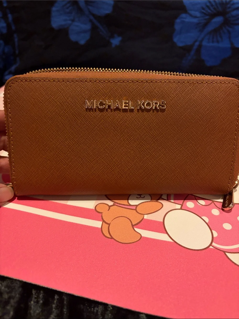 Michael Kors Tan Saffiano Zip Wallet with Gold Logo